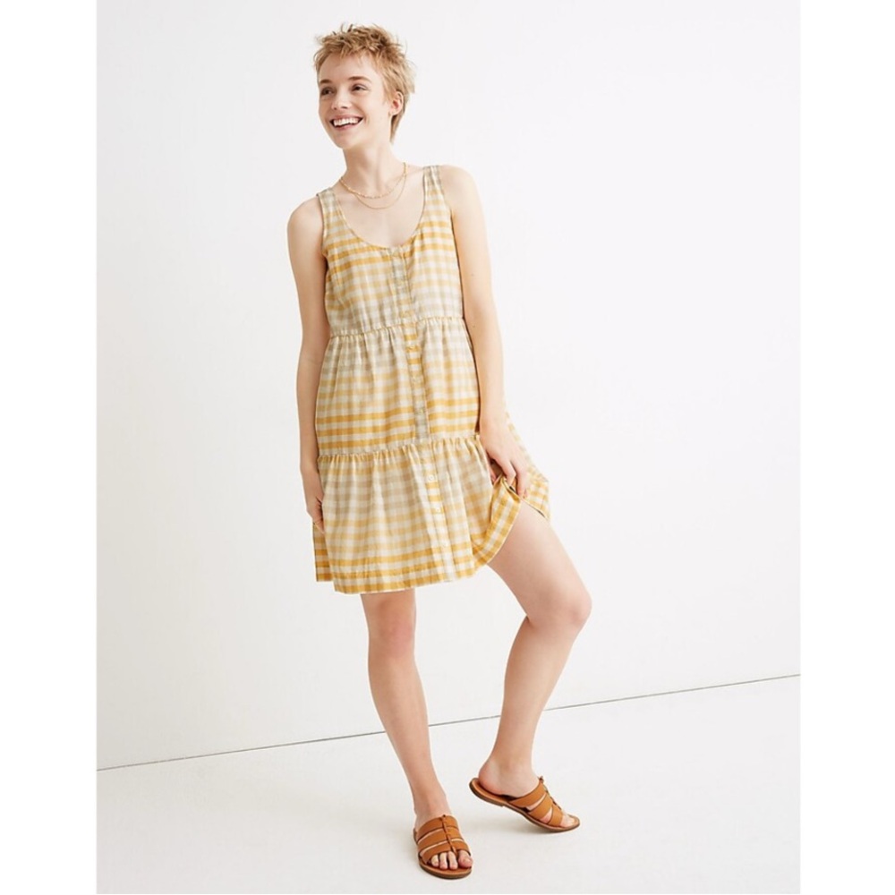 Madewell Yellow Gingham Plaid Cotton Button Front Mini Dress- Women’s Medium